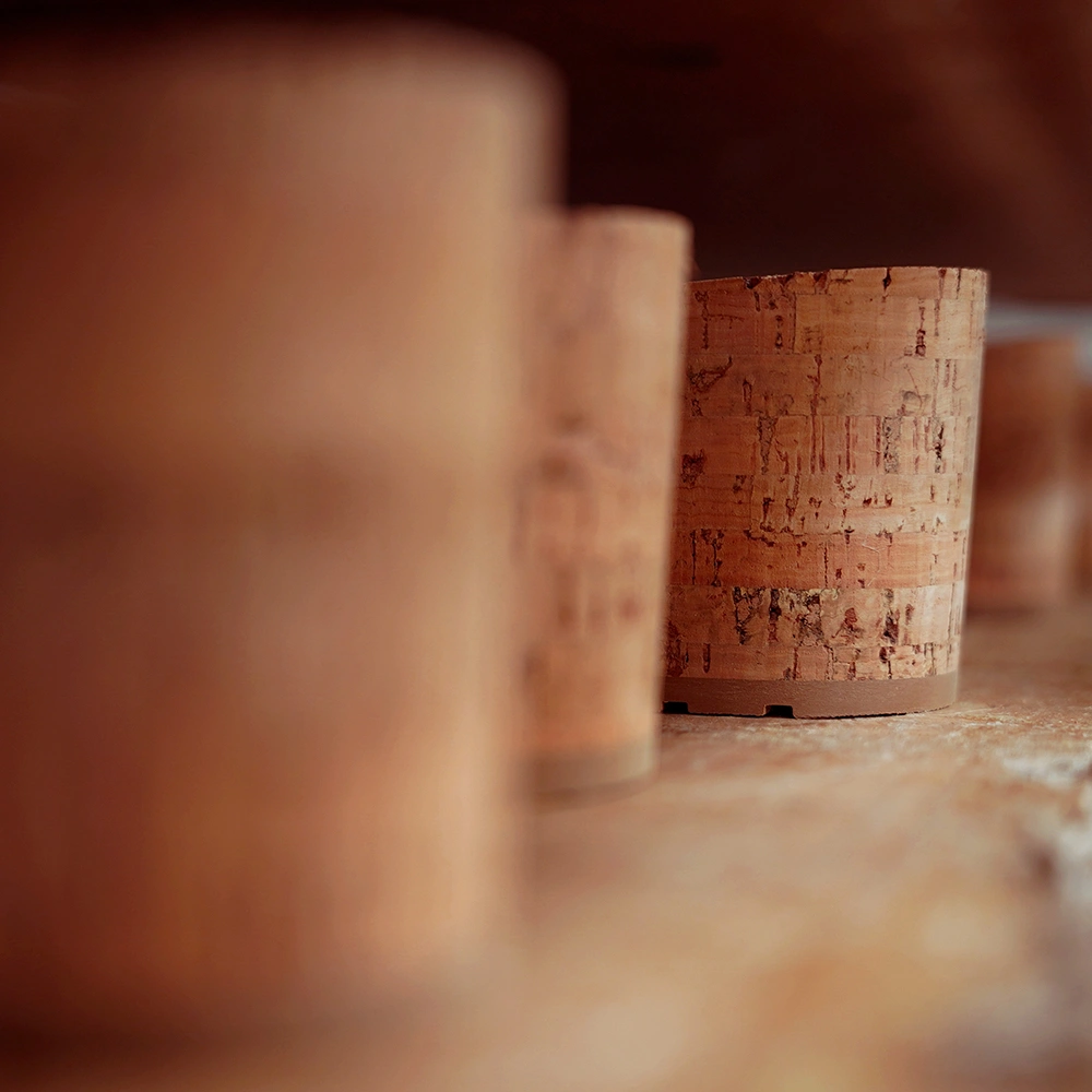 Primo piano suole di sughero in piedi su una superficie di legno, con una profondità di campo ridotta che si concentra su una suola mentre le altre appaiono sfocate sullo sfondo.