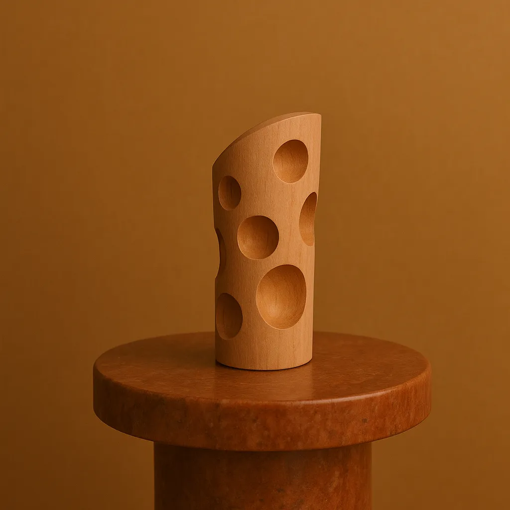 Un tacco di legno con grandi fori circolari che ricordano il formaggio svizzero si trova su un piedistallo cilindrico marrone su uno sfondo marrone chiaro.